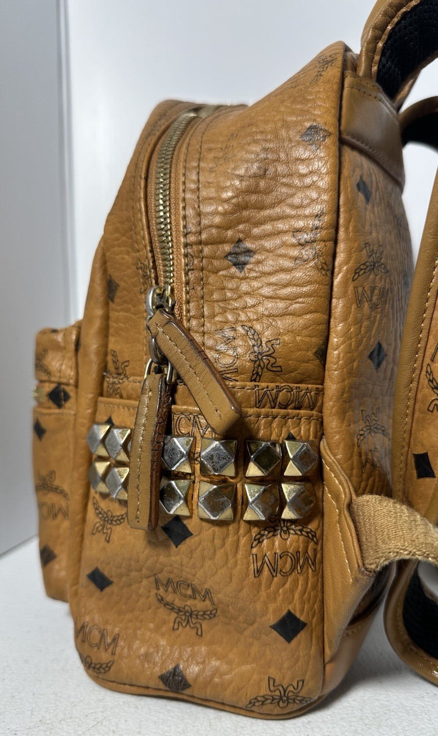 MCM Visetos Side Studs Small Backpack Camel Brown Leather Logo Studded Bag