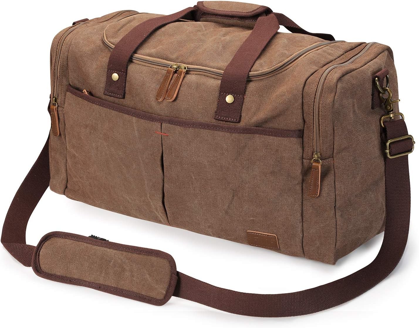 Large Canvas Duffel Bag with Shoe Compartment for Travel and Gym, Coffee Color