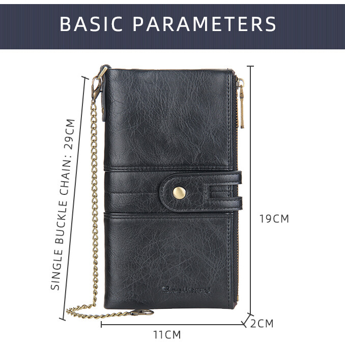 Men Wallet with Anti-Theft Chain RFID Blocking Leather Purse Zipper Phone Holder