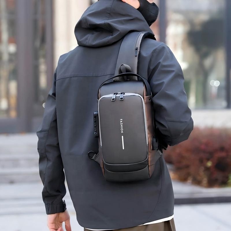 Anti-Theft Sling Bag Men USB Charging Waterproof Nylon Crossbody Chest Travel