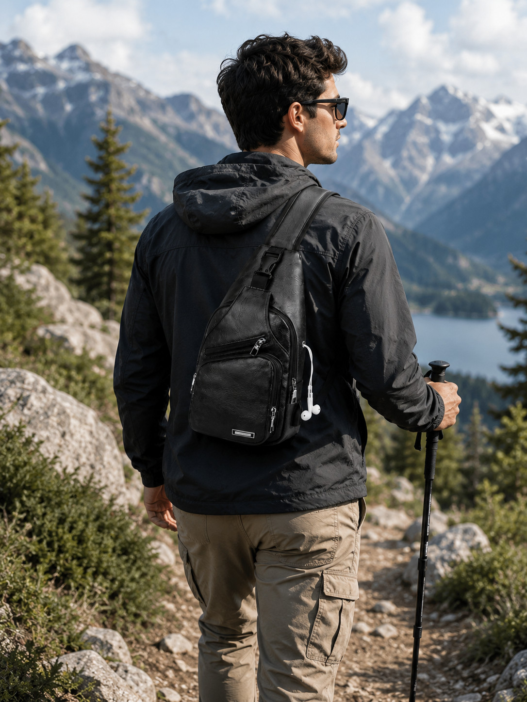 Black Chest Crossbody Bag Sling Backpack for Men with USB Charge Port
