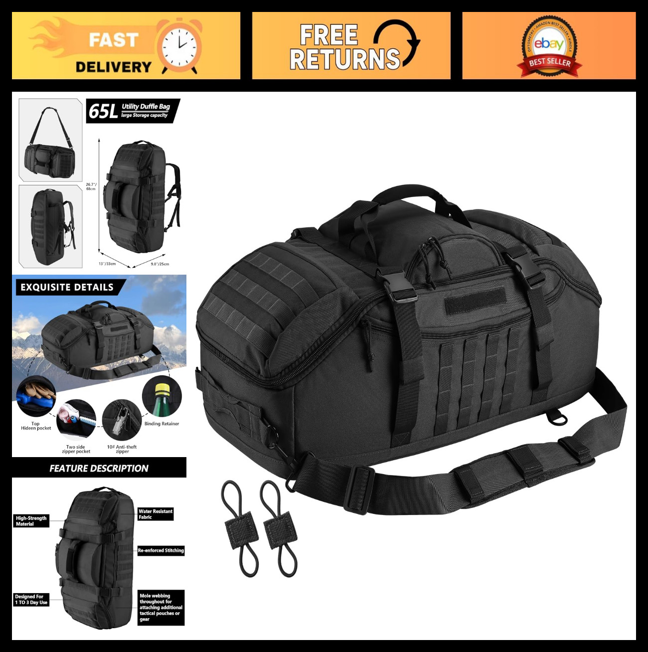 Large 65L Tactical Duffle Bag – 3-in-1 MOLLE Backpack for Gym, Sports, Outdoor