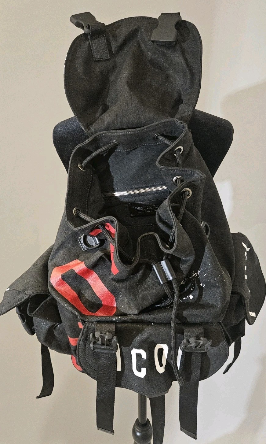 DSQUARED2 Black Graphic Print Backpack Buckle Drawstring, Adjustable Strap