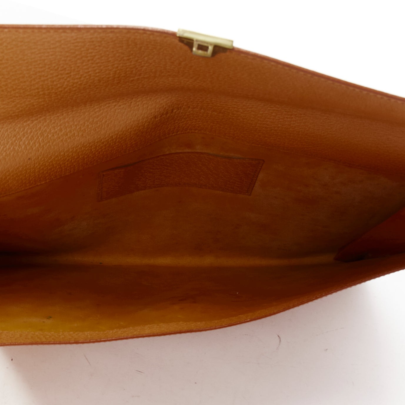 RALPH LAUREN tan textured leather gold logo push lock flap flat clutch bag
