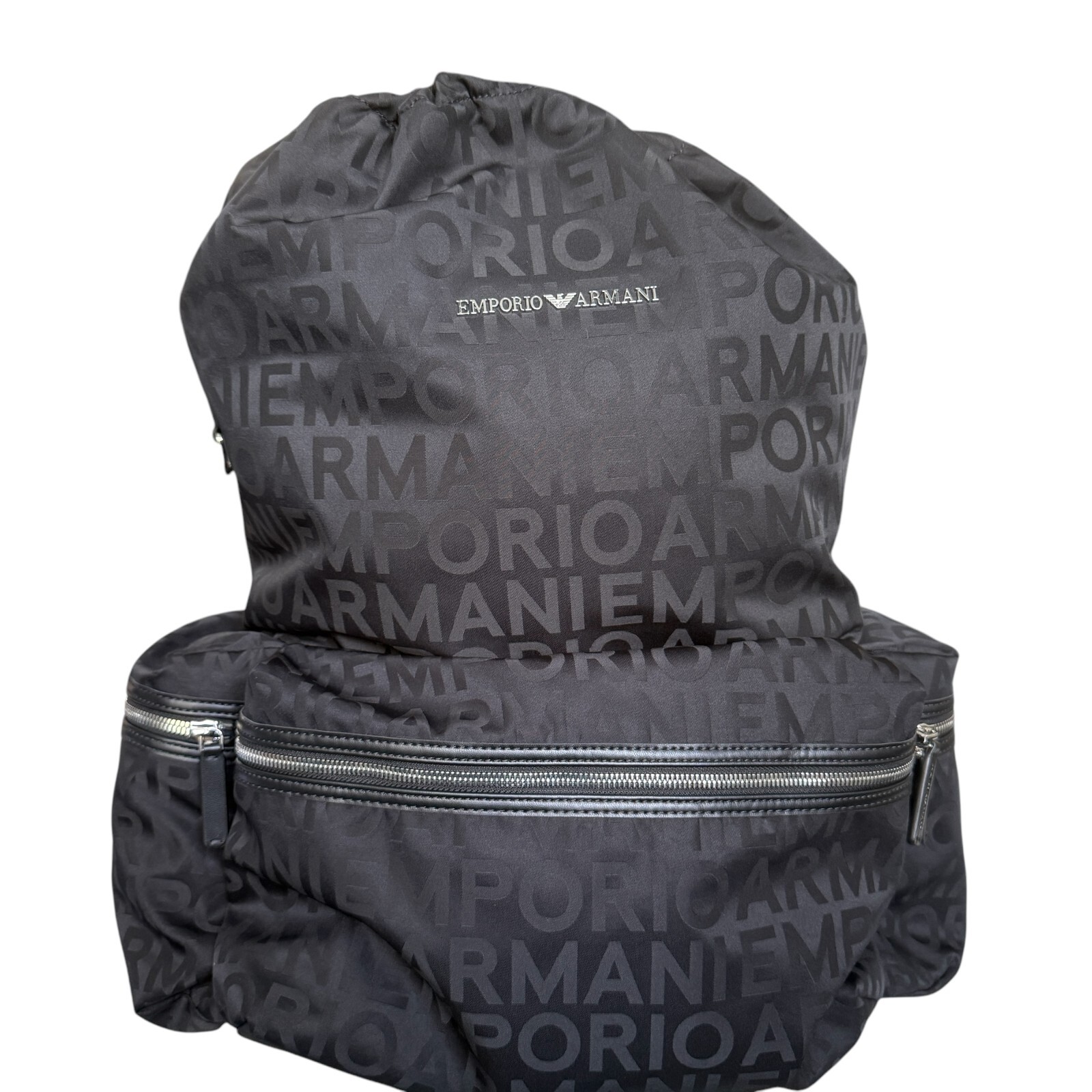New Emporio Armani Black Nylon oversized Drawstring Logo Backpack