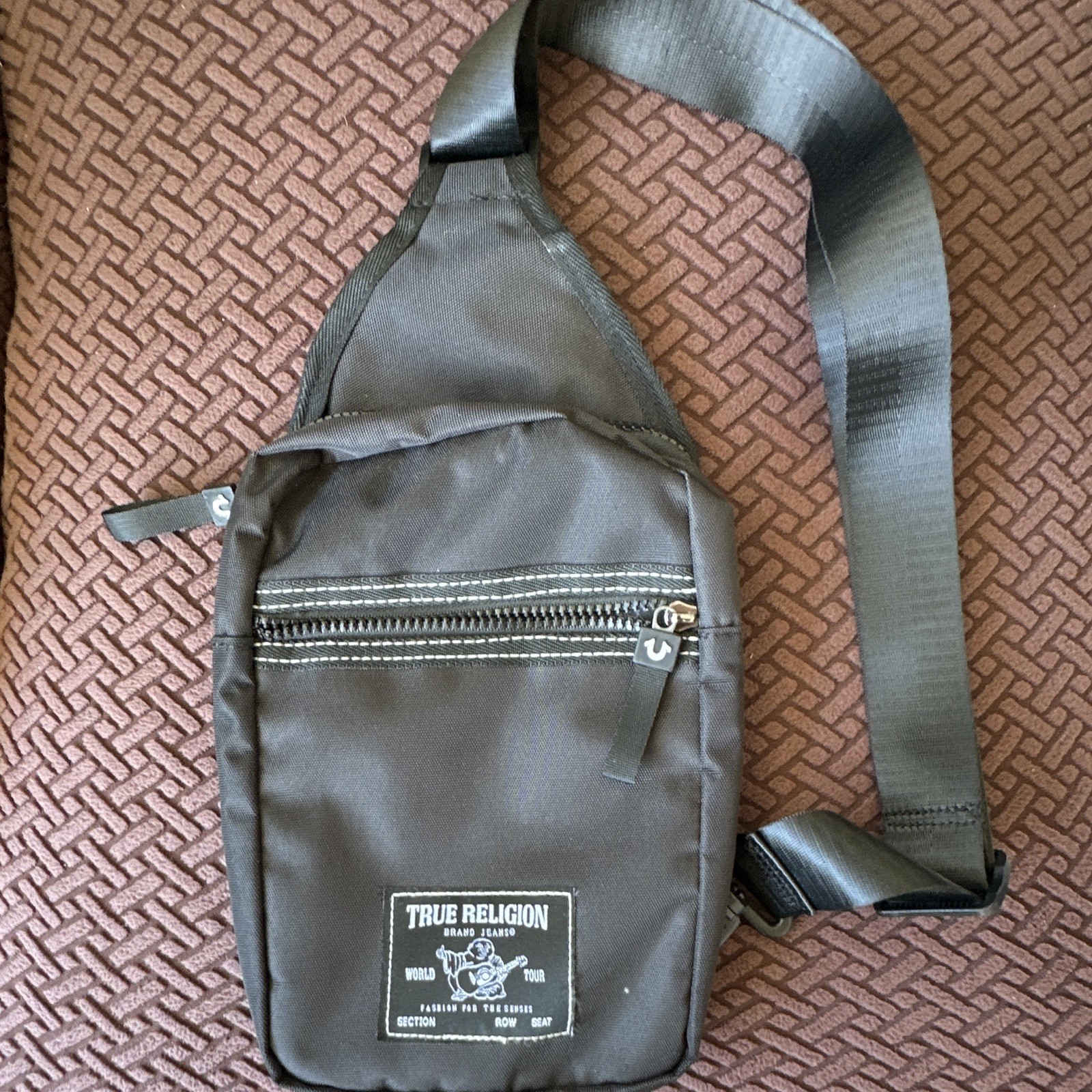 True Religion Men’s Black Sling Crossbody Bag Zip Pockets Buddha