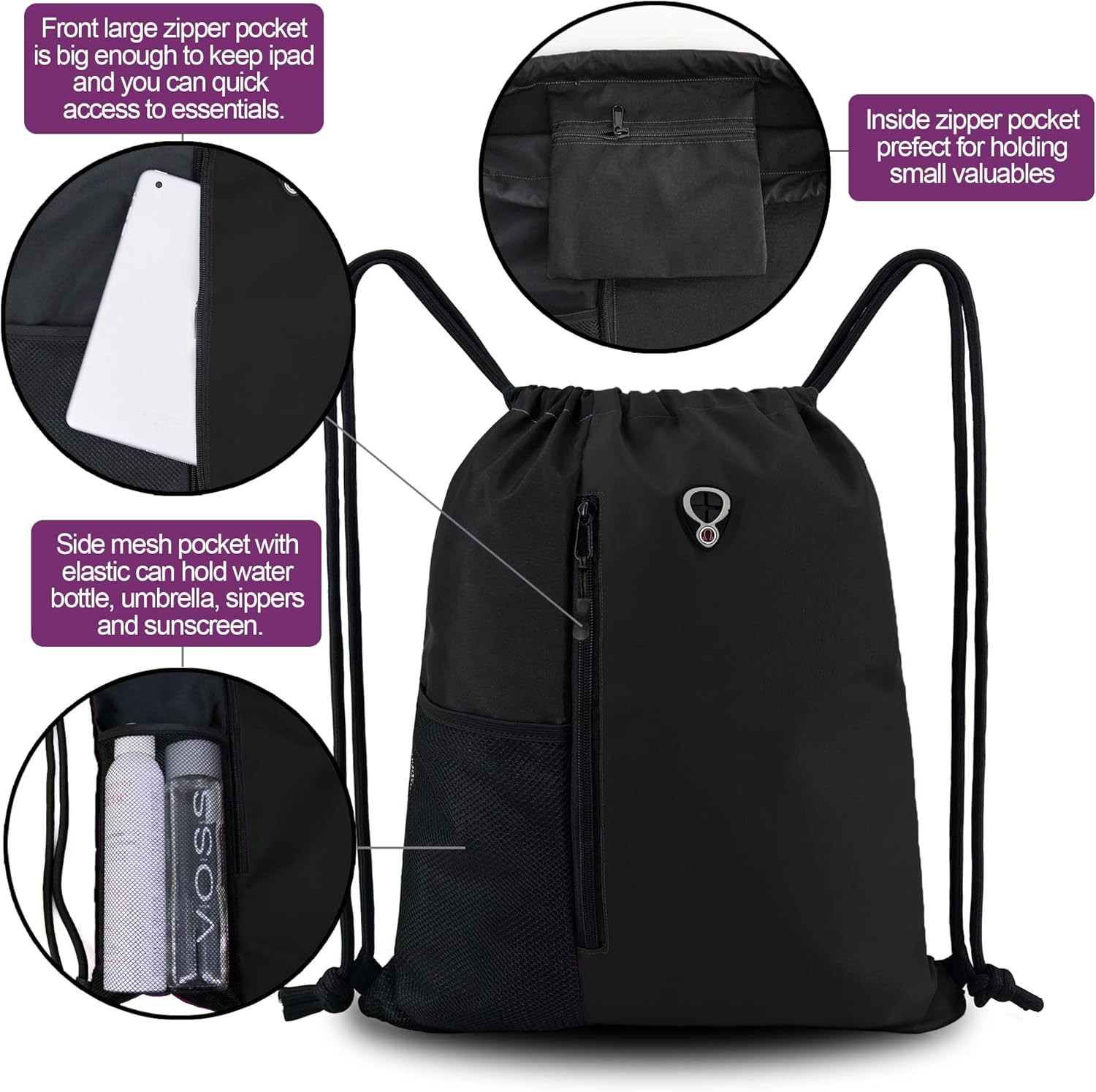 Black Drawstring Backpack Gym Bag for Men Women String Sports Backpack with Wate
