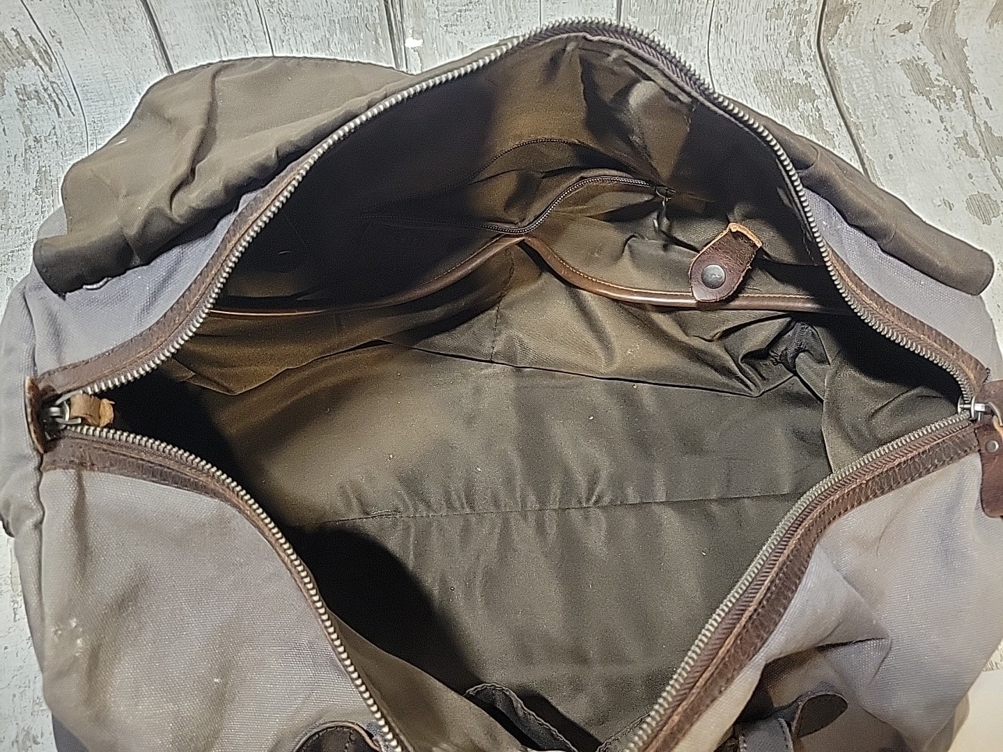 S-ZONE Distressed Gray Canvas Duffle Bag Brown Leather Trim Travel Bag NO STRAP