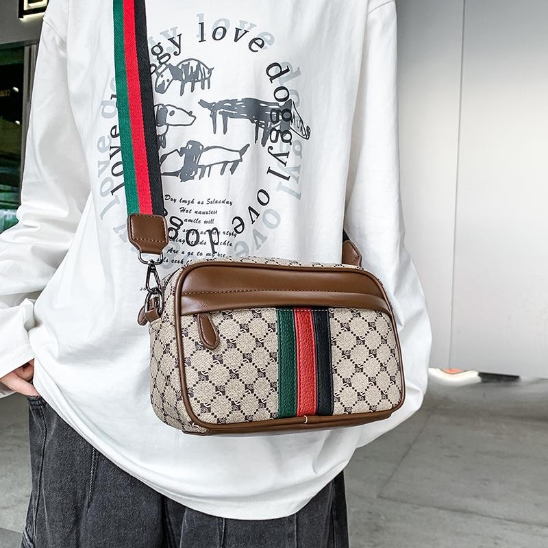 Casual Sling Bag Men PU Leather Messenger Crossbody Color Block Trendy Wide Stra