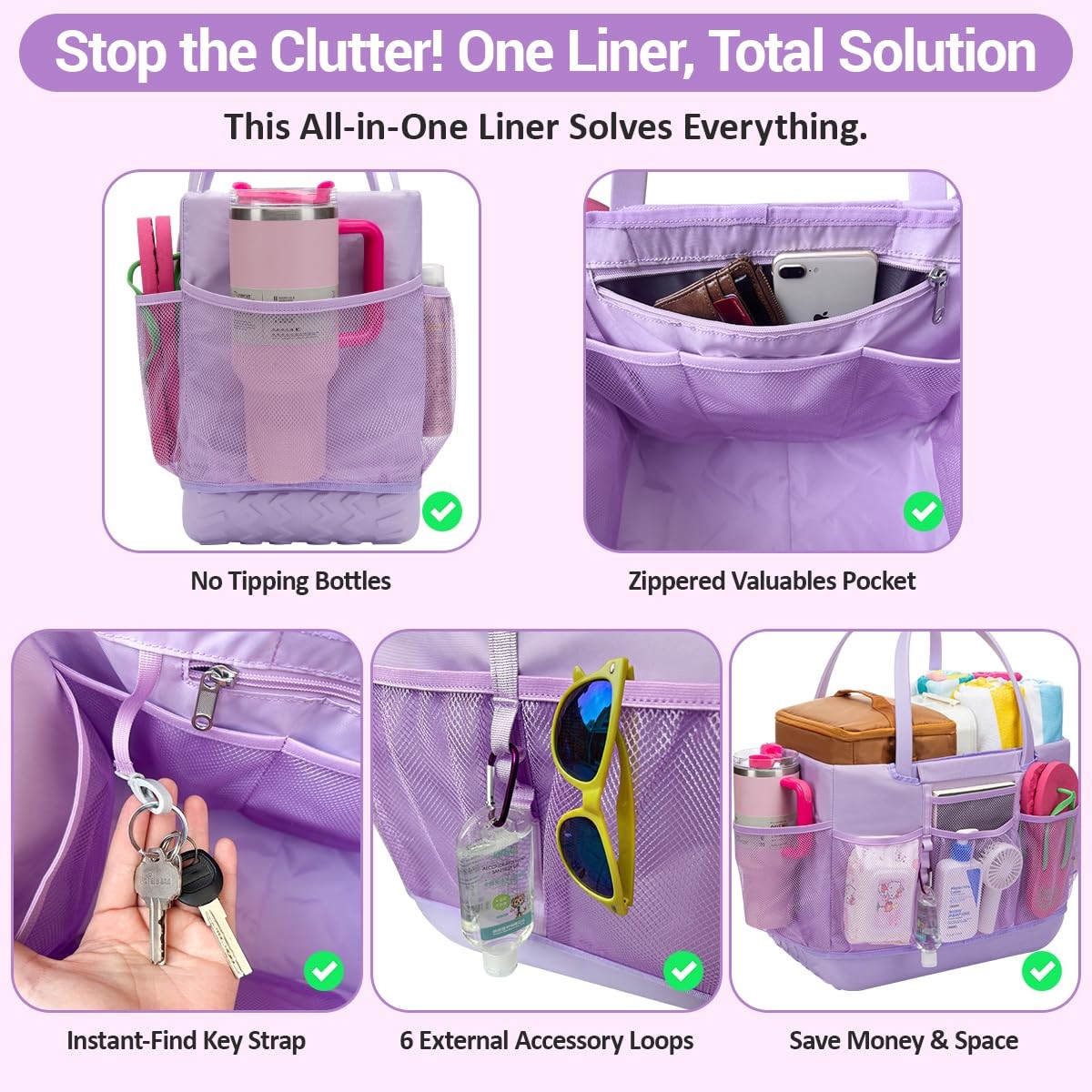 Beach Bag Organizer Insert for Extra Large Bogg Original – Large, Purple