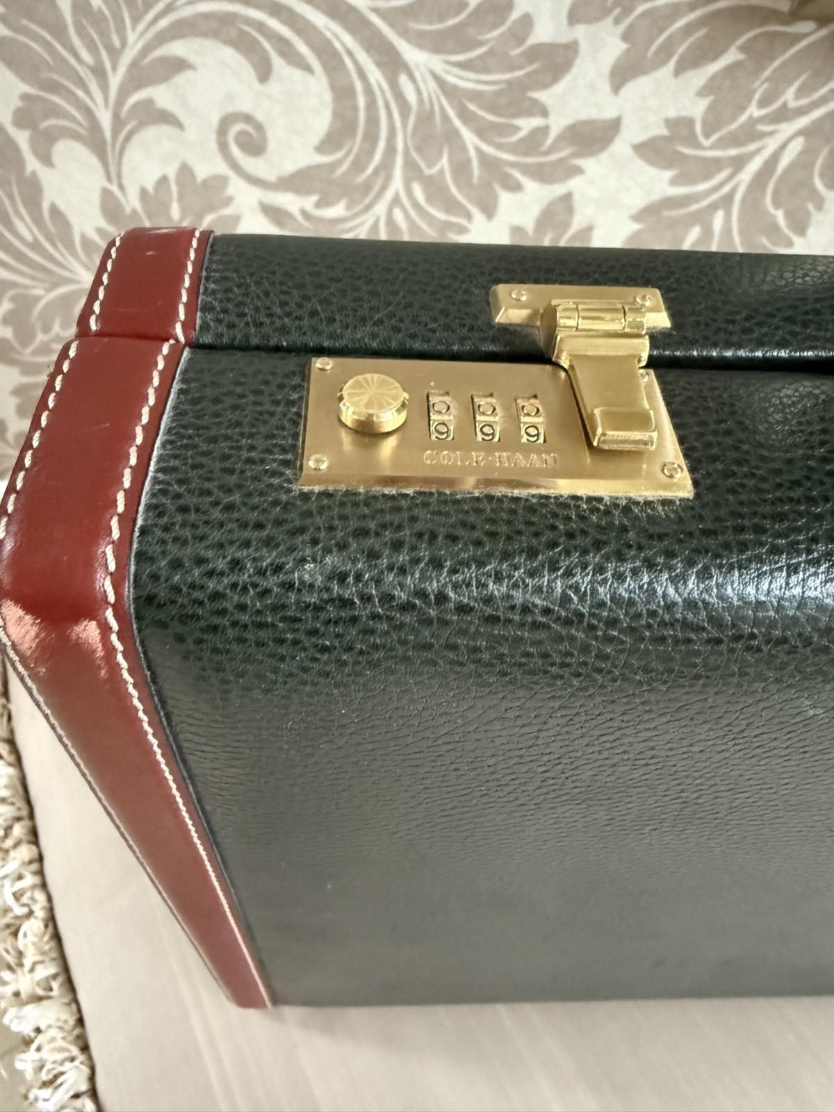Cole Haan Leather Attache Hard Briefcase Hunter Green & Saddle Trim