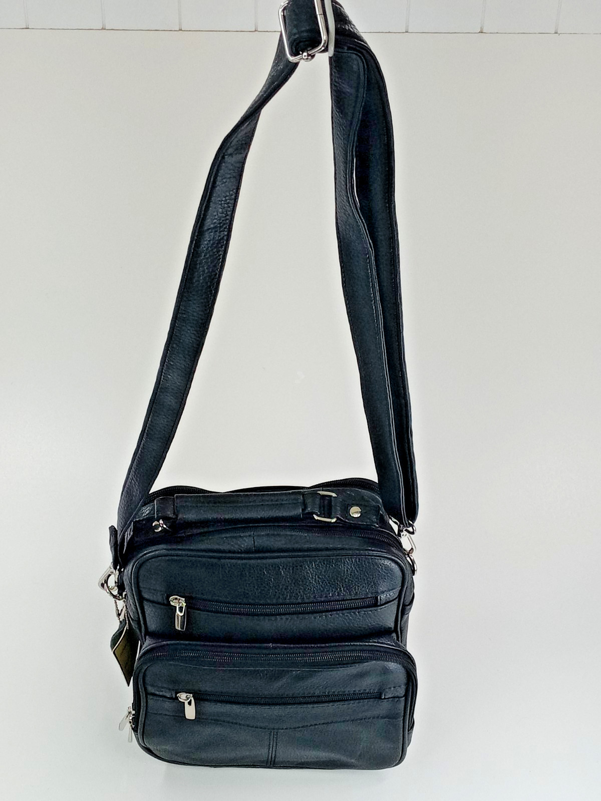 Men Leather Crossbody Bag Black Compact & Practical Everyday Use Multi Pockets