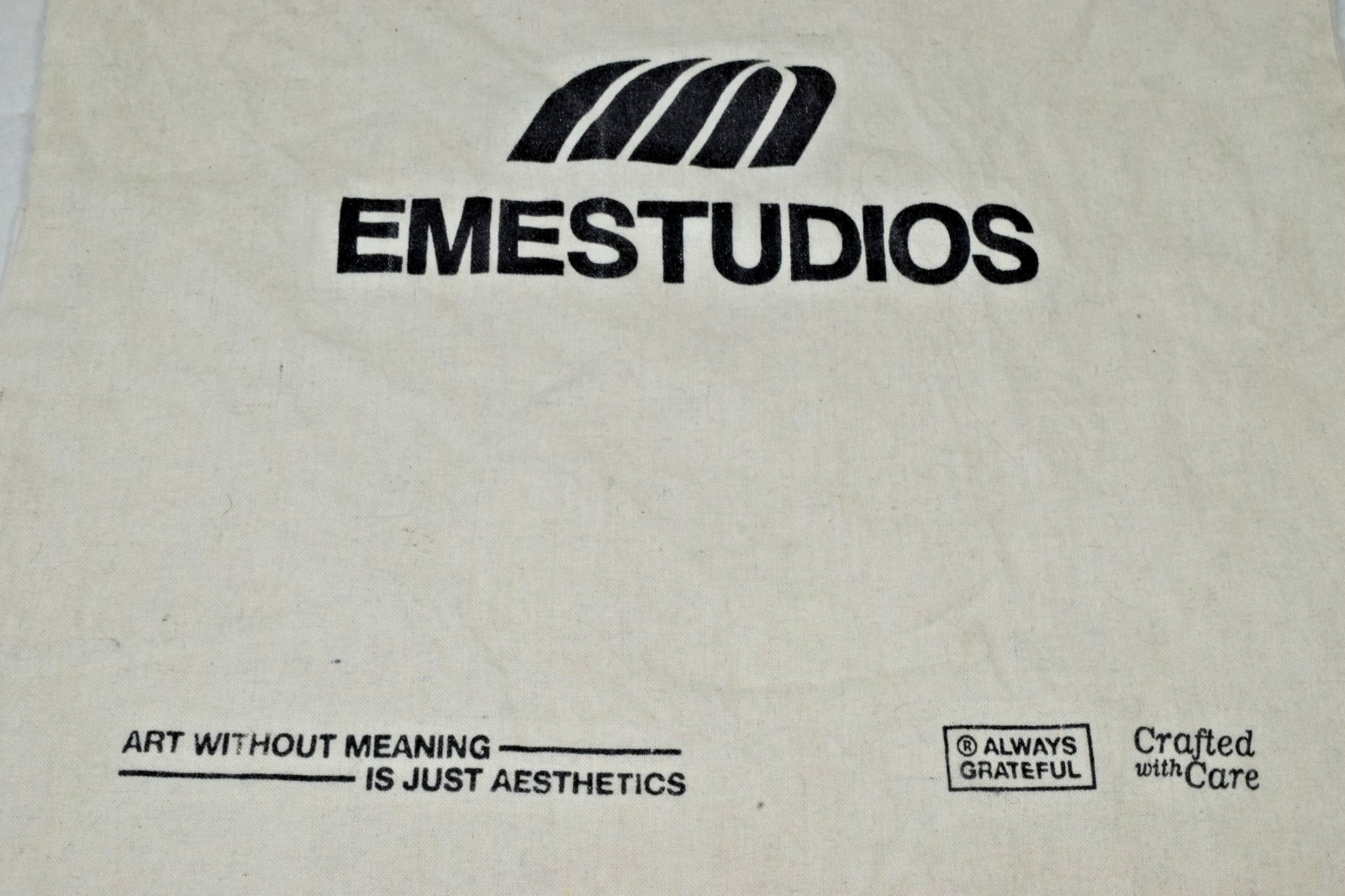 EME Studios Streetwear Tote Bag Printed Logo Ultra Thin Ivory Cotton 14.5X13.5In