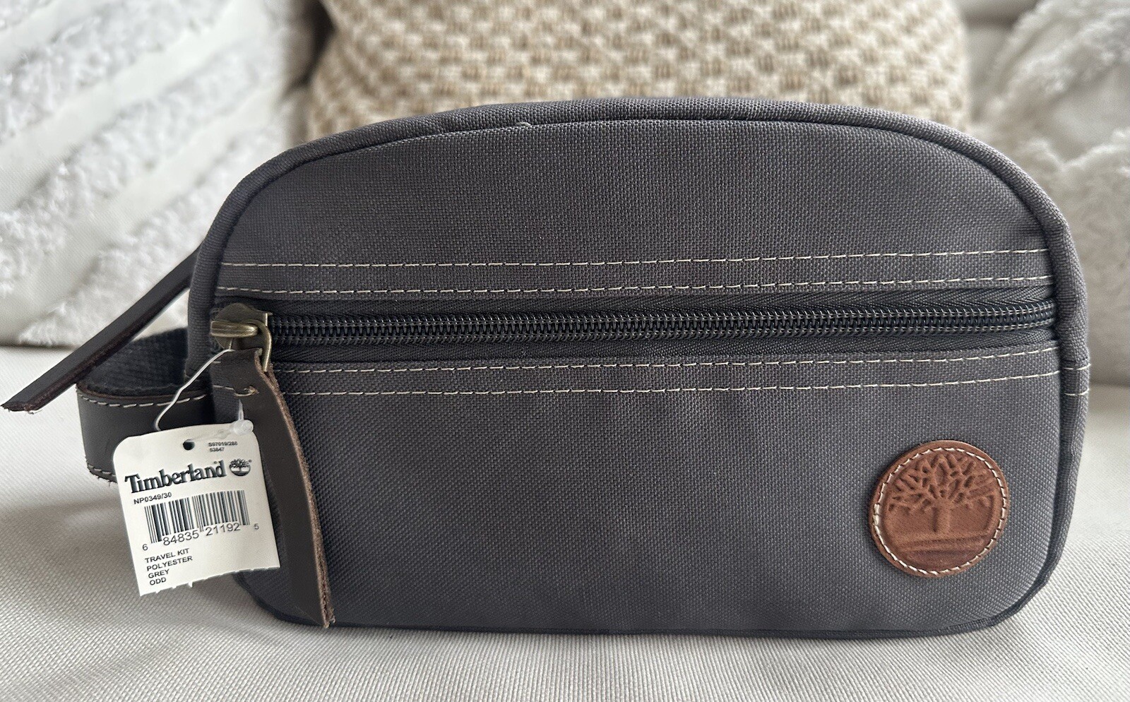 NWT Timberland Men’s Canvas Zipper Classic Travel Grey Logo Toiletries Bag