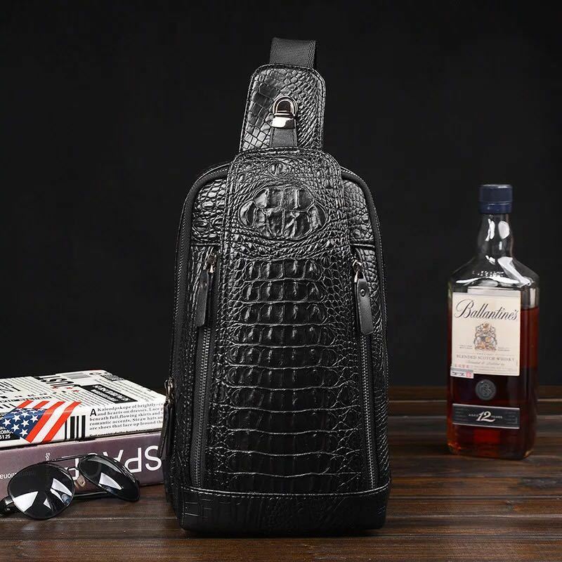 Sling Backpack Men’s Genuine Leather Crocodile Crossbody Chest Bag Sport Daypack