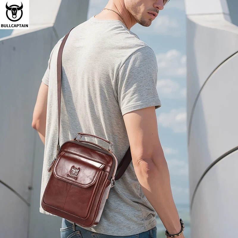BULLCAPTAIN Men’s Leather Shoulder Bag 7.9″ Handbag Retro Casual Crossbody Bag