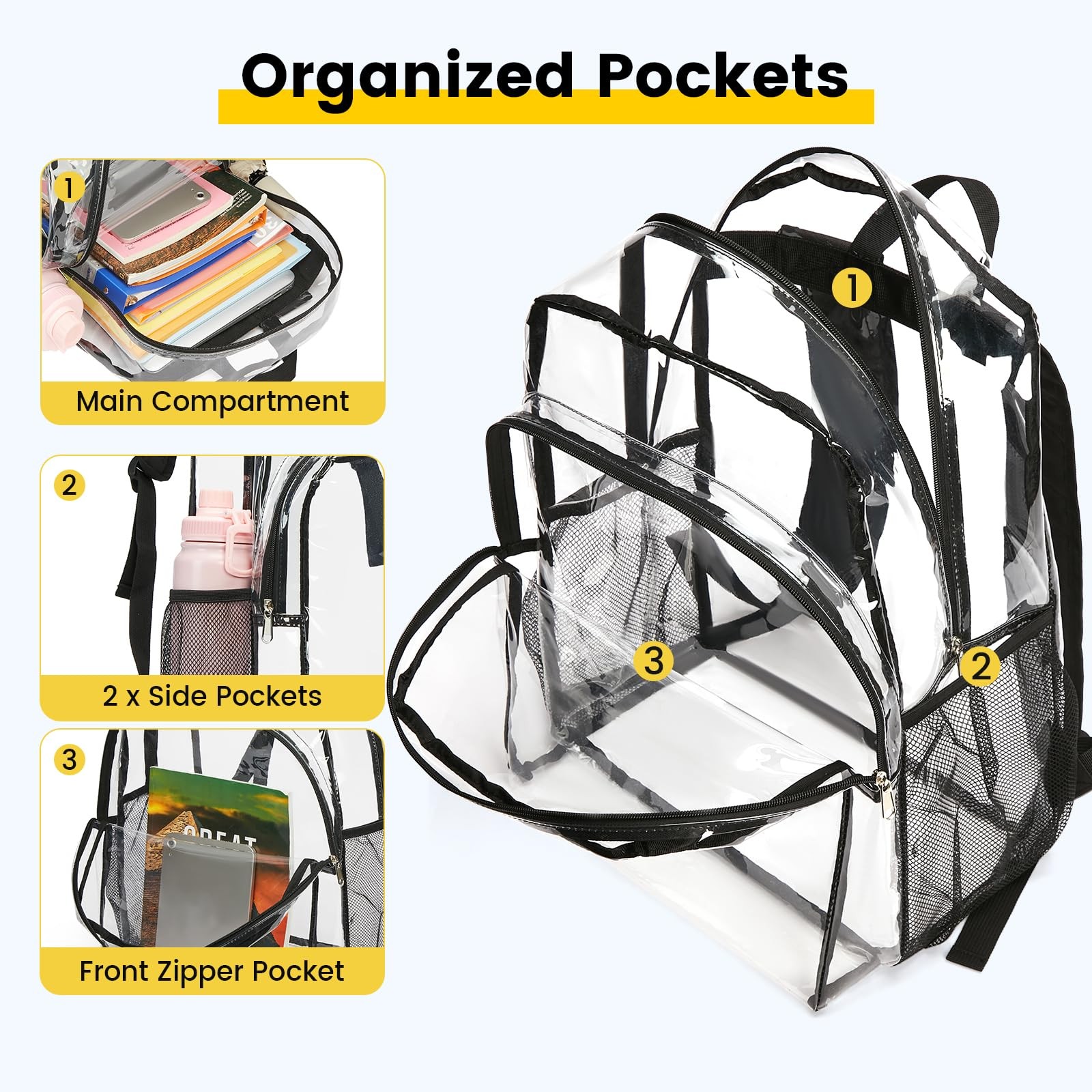 Clear Backpack for School, 16 inch Large Clear Bookbag, Black