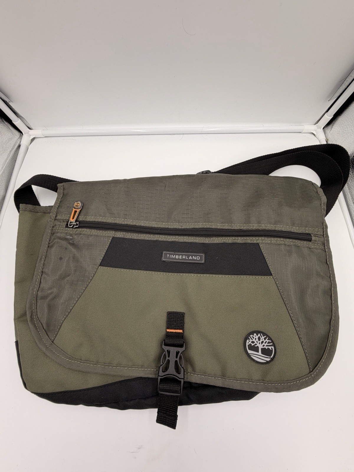 Timberland Dark Brown And Olive Green Messenger Bag With Inside Zipper Pockets