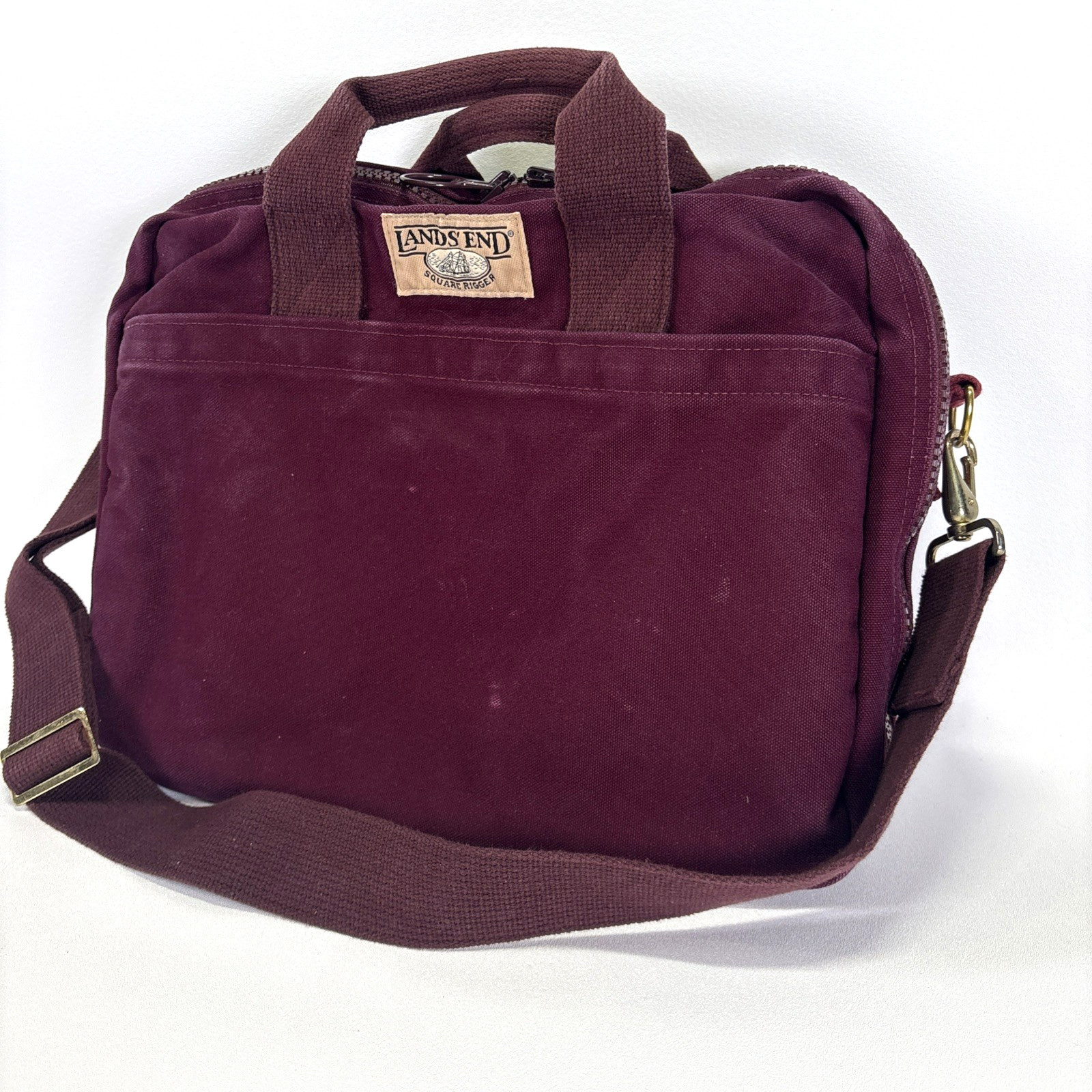 Vtg Lands’ End Square Rigger Canvas Briefcase Maroon W/ STRAP Made in USA Bag