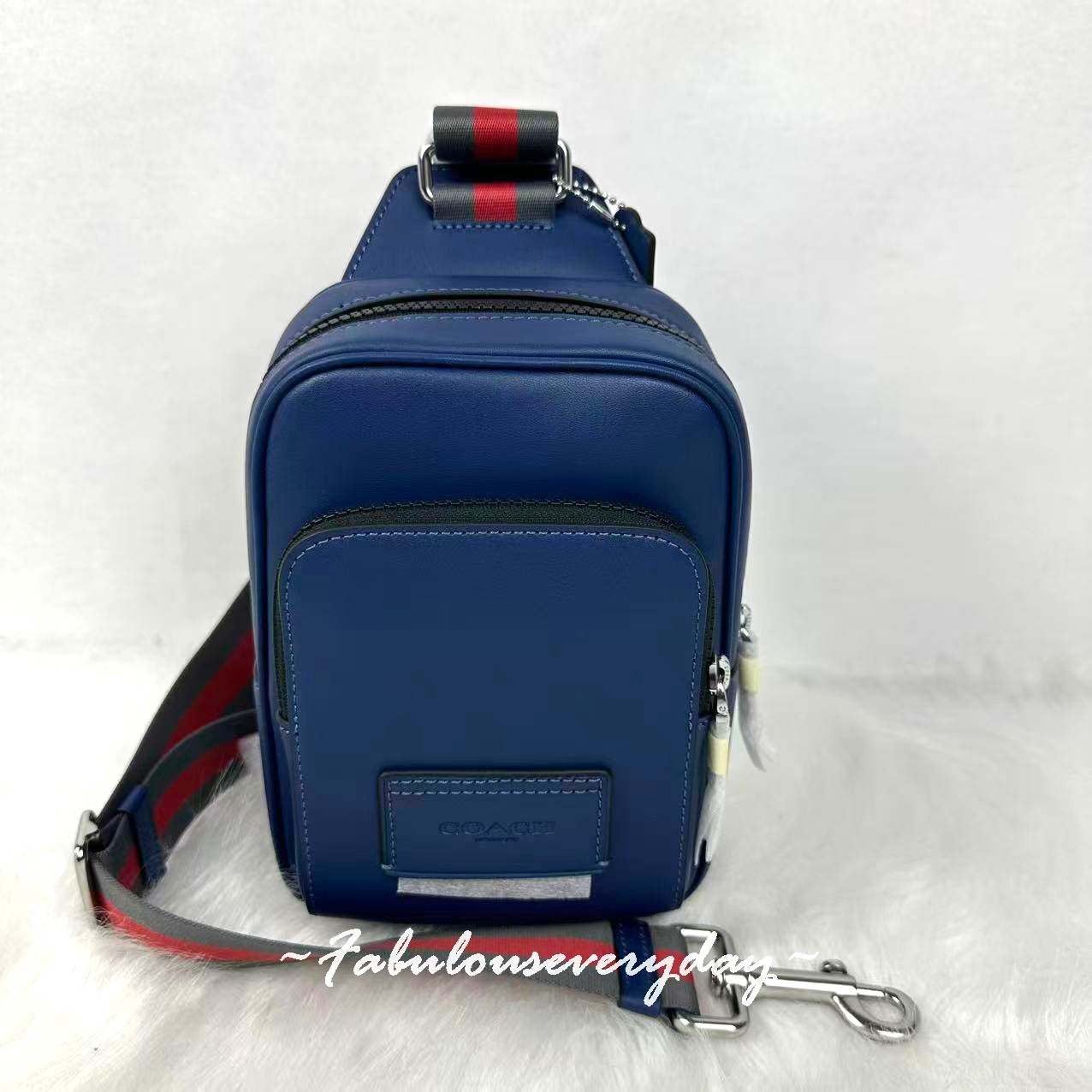 Coach Men’s Racer Sling Pack With Varsity Stripe Webbing Leather/Deep Blue CDC85