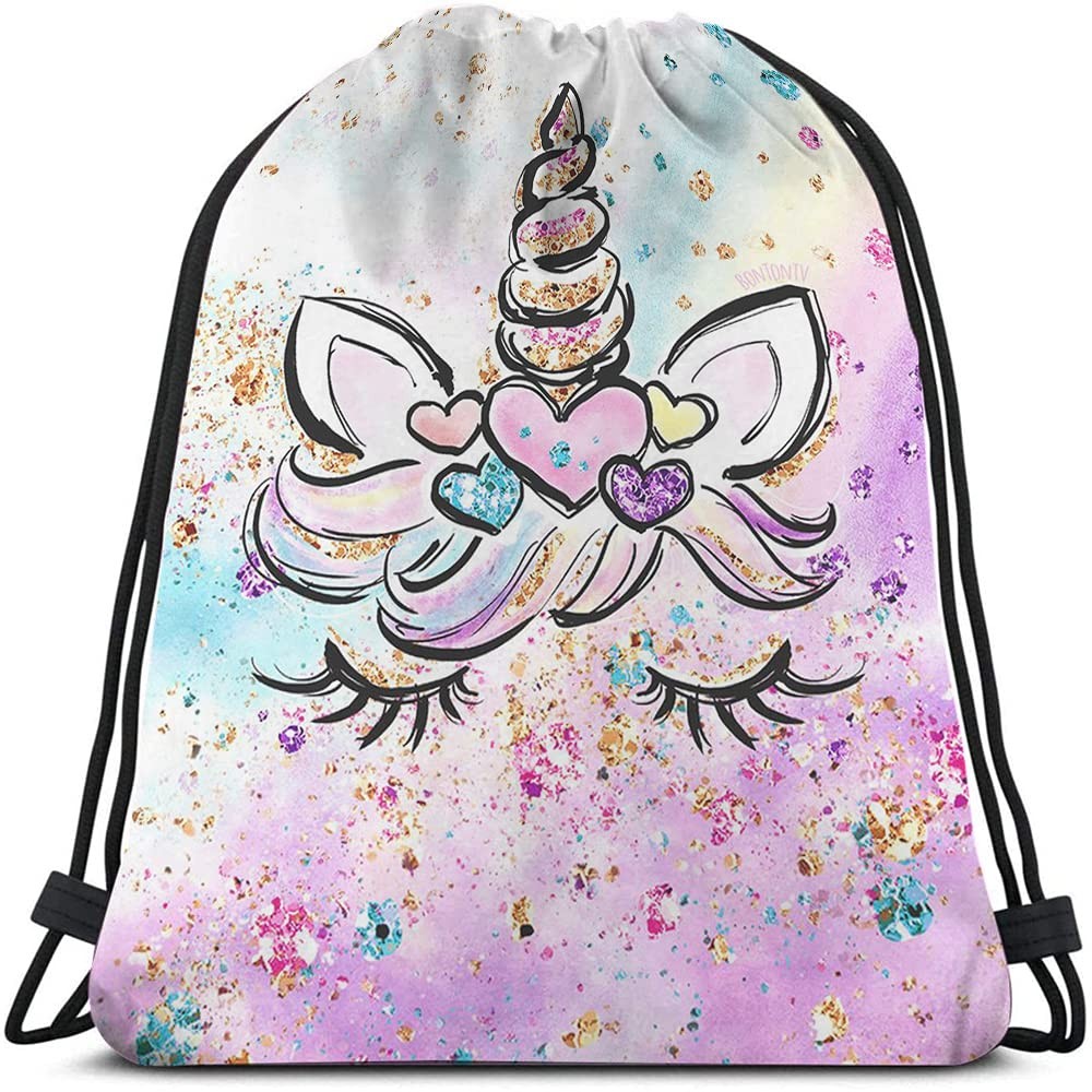 Pink, Multicolor Unicorn Cartoon Animal Modern Drawstring Backpack, 14×16.9 I…