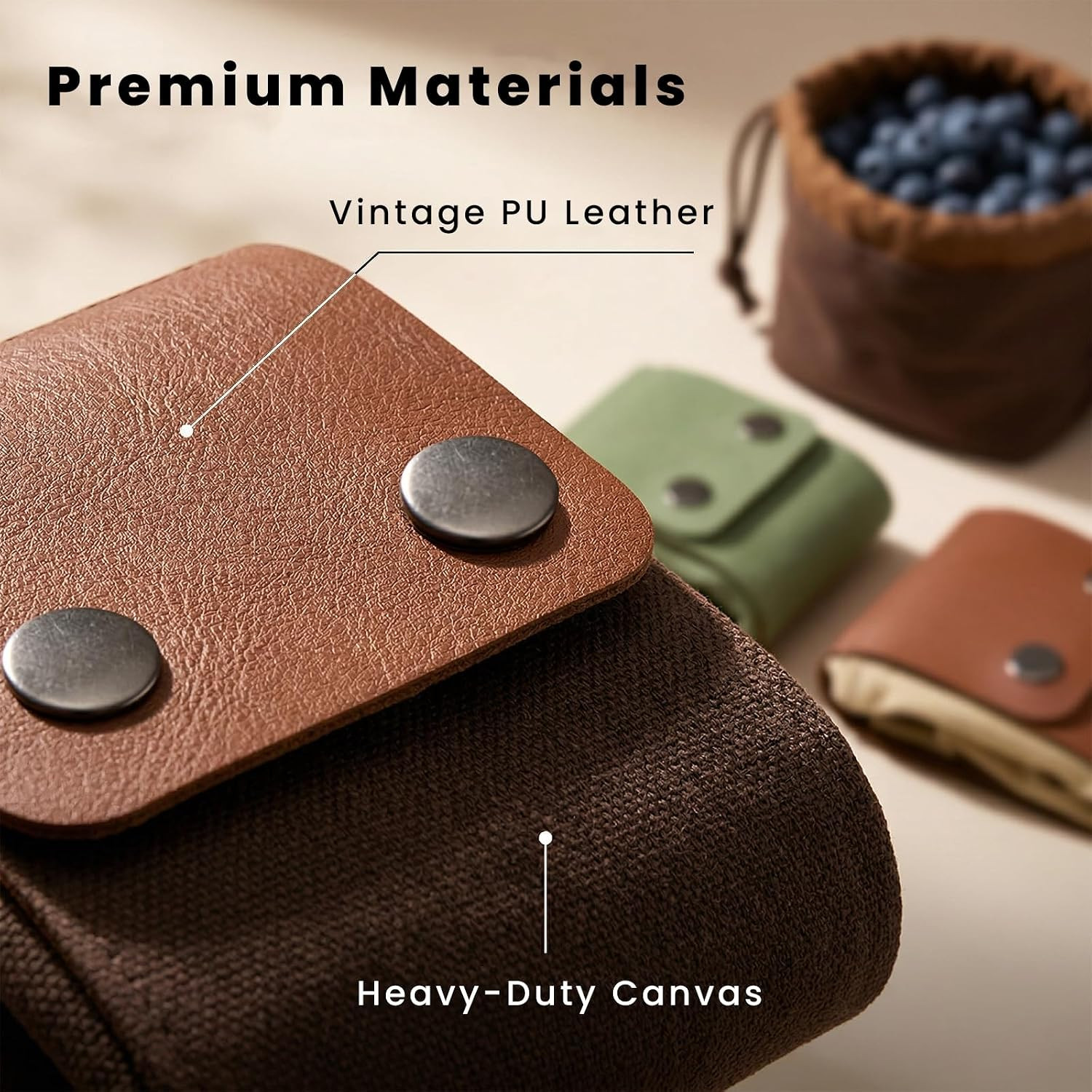 3 Pack Collapsible Foraging Bags, Waxed Canvas Basket Belt Pouches with Leather