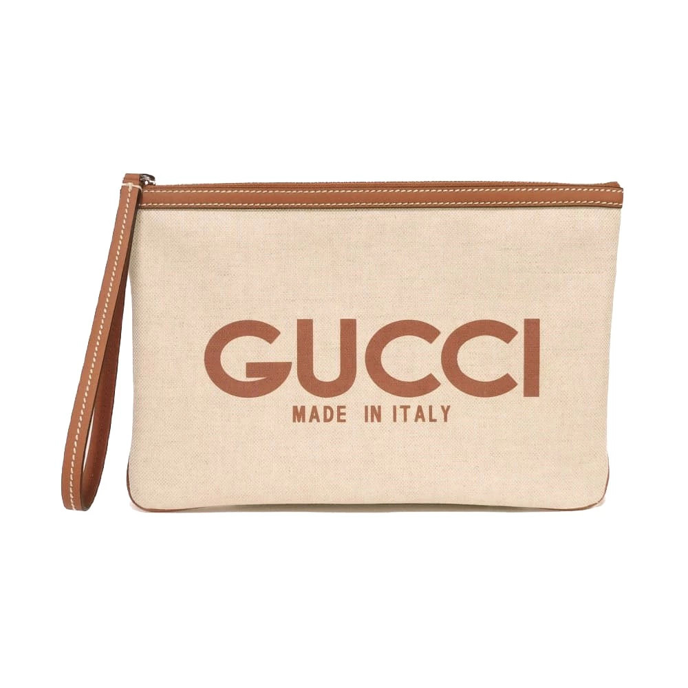 Gucci Clutch Bag Logo Print Pouch Canvas Brown GG Supreme Cotton Linen Natural