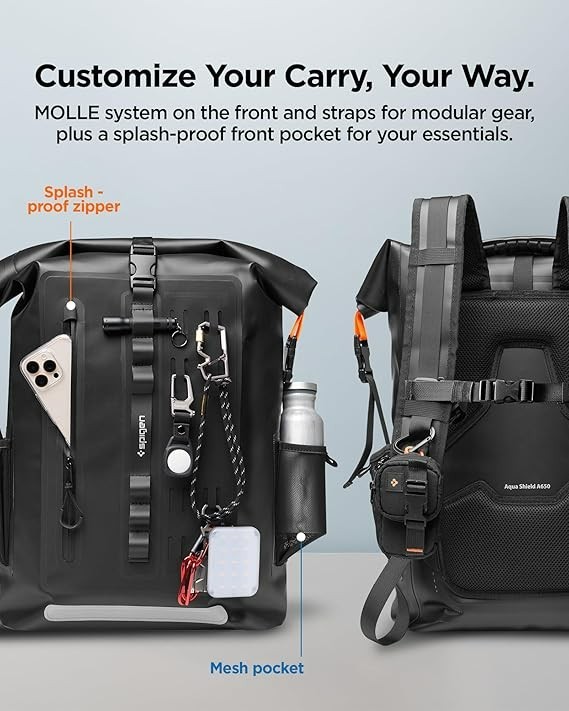 Spigen Waterproof Backpack IPX6 35L Roll Top Travel Rucksack Multi Compartment