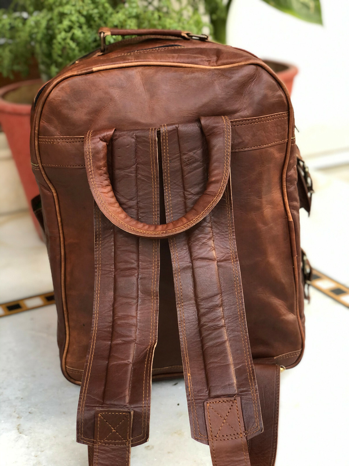16″ Large Oversize Leather Multi Pockets Back Pack Rucksack Travel Bag For Men’s