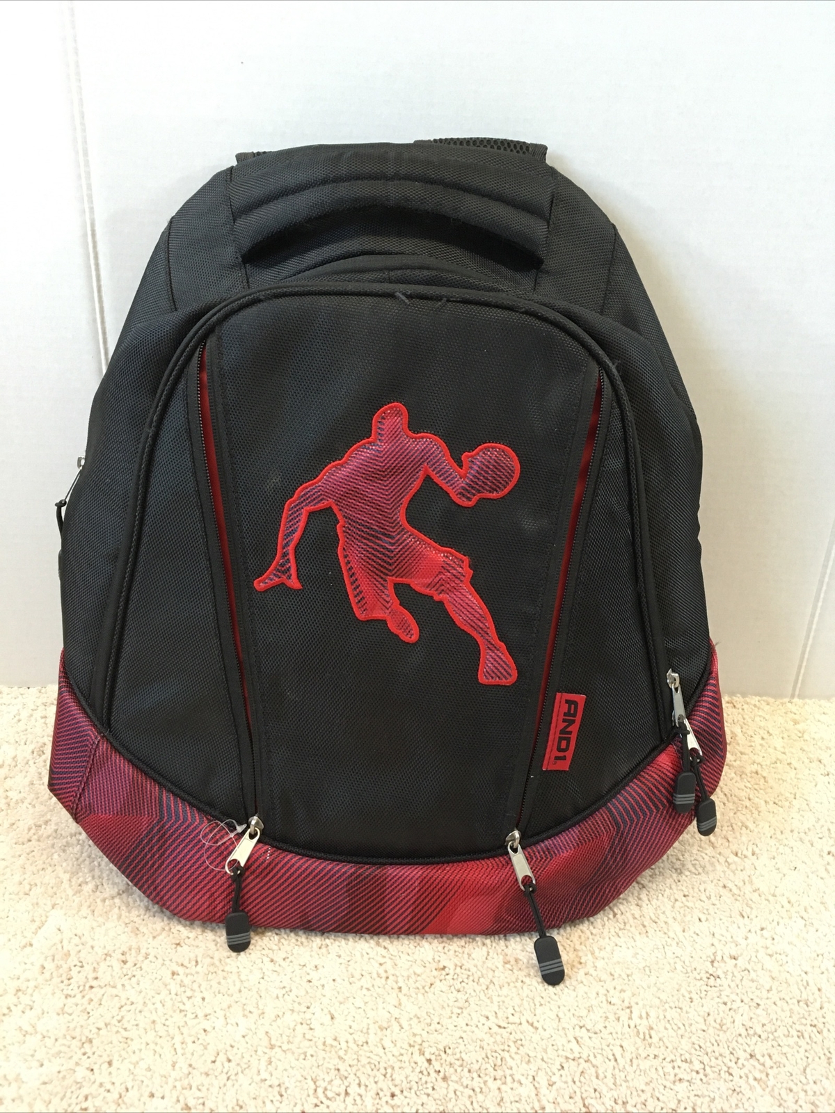 18” And1 Black & Red Backpack Book Bag Red Zip Pockets Laptop Sleeve
