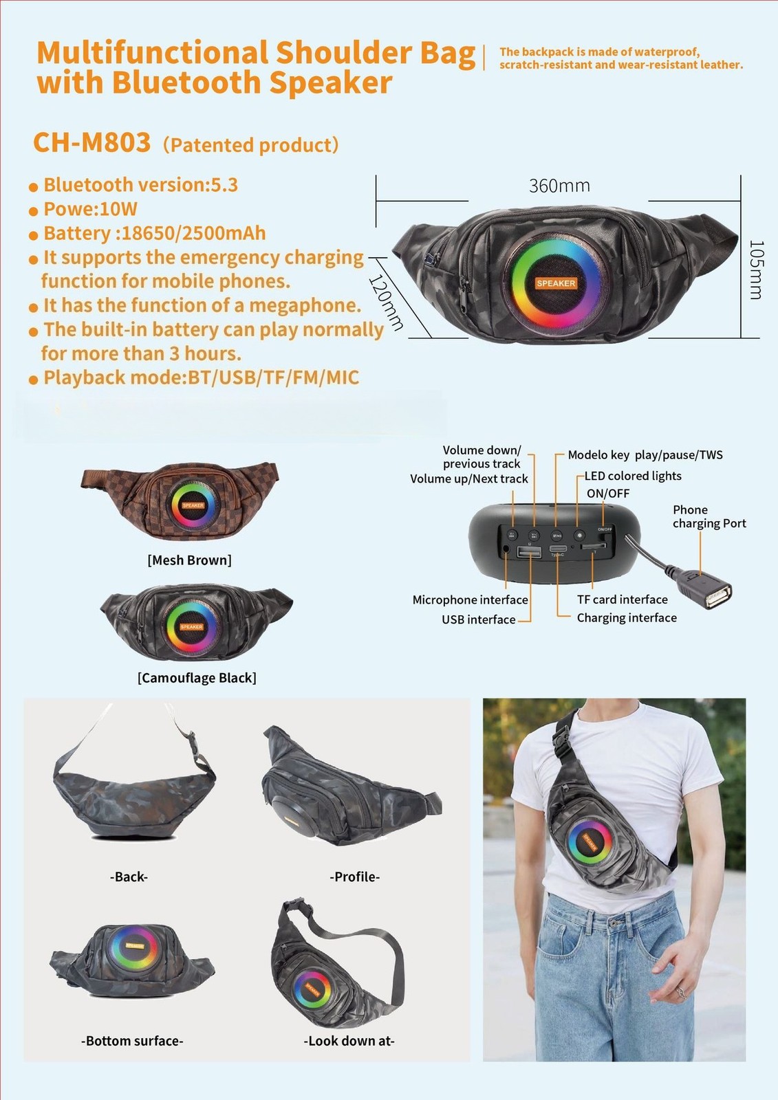 Portable Crossbody Sling Shoulder Bag With Bluetooth Speaker For Hiking Cycling