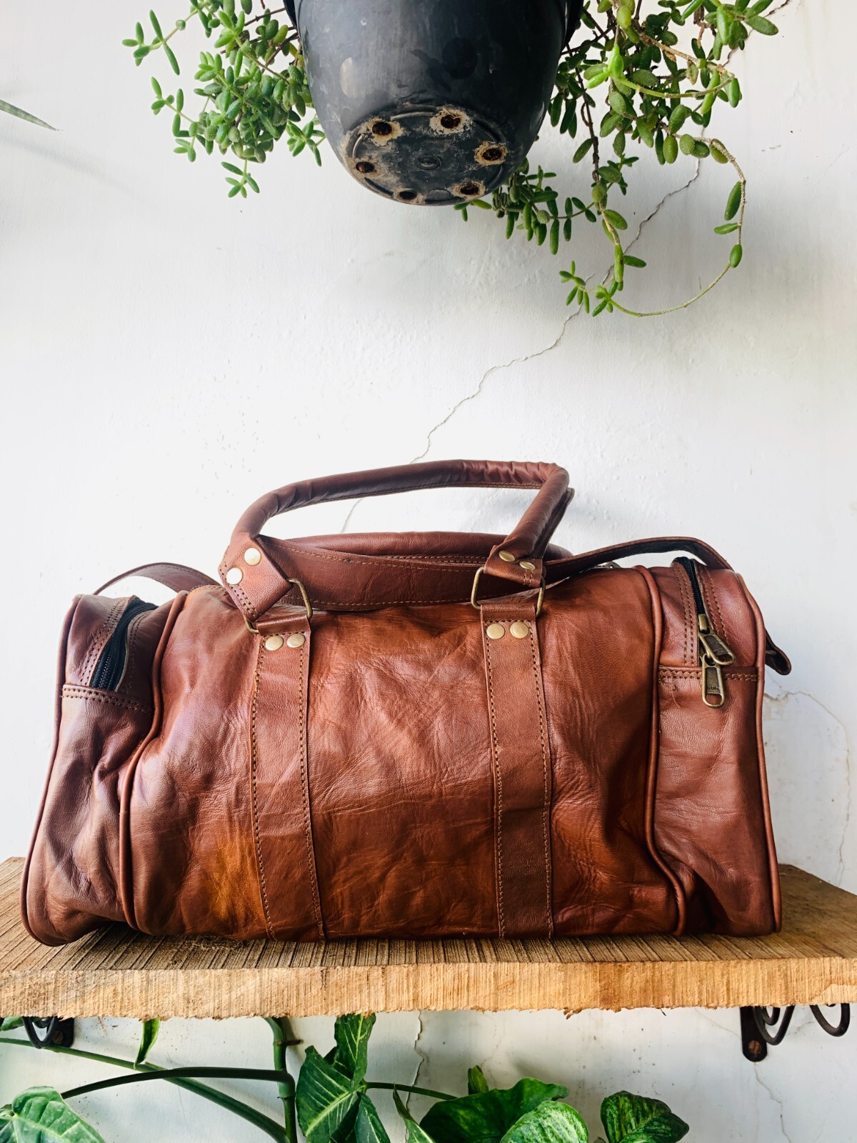 Bag Goat Leather Duffle Men Travel Luggage Genuine Brown Free Bag [ 7X9 inch ]
