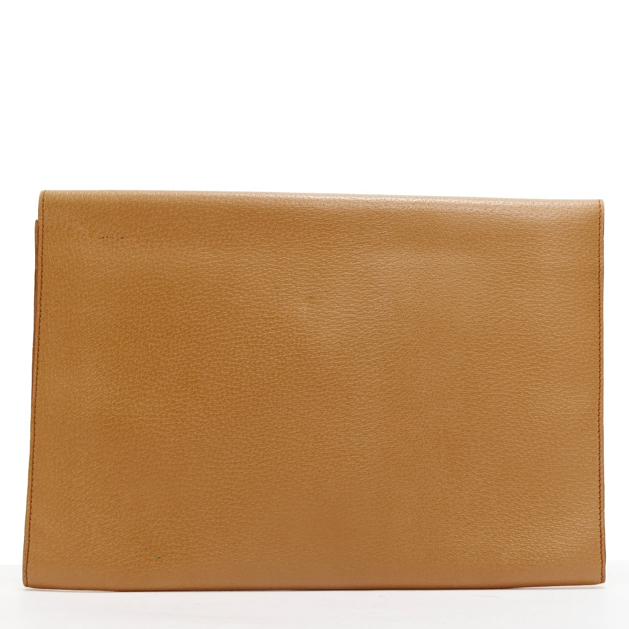RALPH LAUREN tan textured leather gold logo push lock flap flat clutch bag