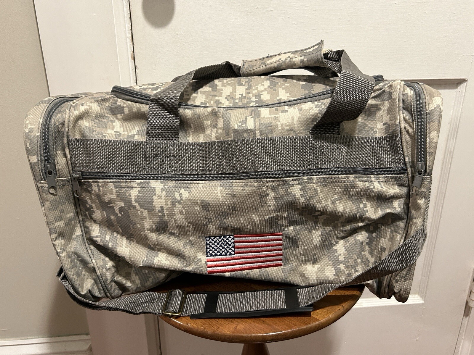 Vintage Digital Camouflage N.R.A. Duffel Bag American Flag Embroidery 14x9x8 in.