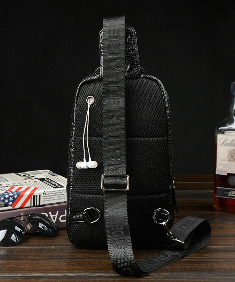 Mens Luxury Leather Crocodile Pattern Chest Bag Backpack Crossbody Travel Bag