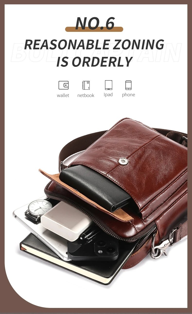 BULLCAPTAIN Men’s Leather Shoulder Bag 7.9″ Handbag Retro Casual Crossbody Bag