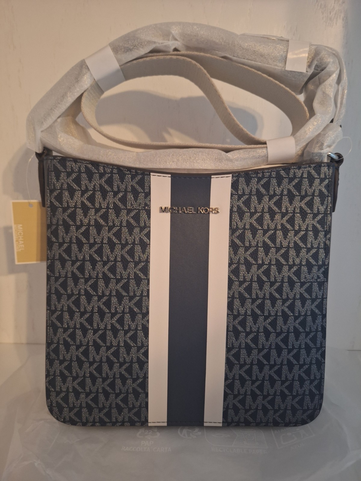 Michael Kors Women’s Navy & White Messenger Bag Logo Print Adjustable Strap