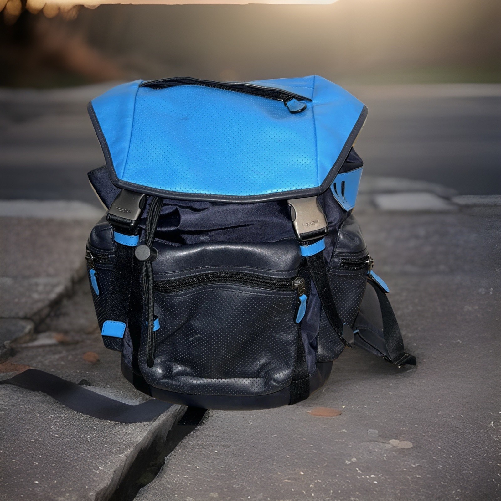 COACH Terrain Trek Leather Backpack Perforated Blue & Black Luxury Travel F57477