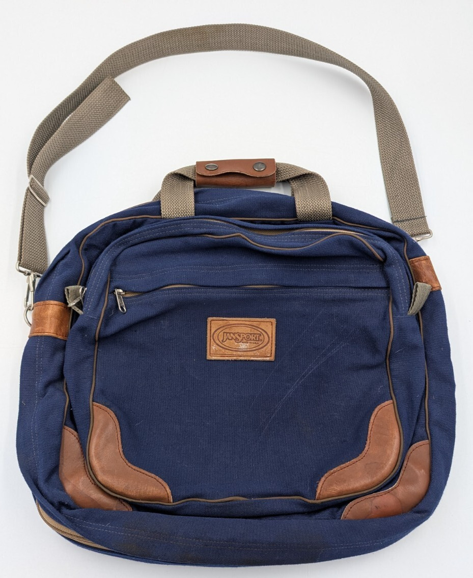 Jansport Messenger Laptop Bag Shoulder Strap Blue Canvas Leather Made In USA VTG