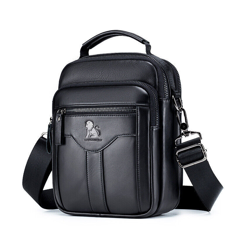 Genuine Leather Men’s Sling Shoulder/Messenger Bag Double Zipper 8″ Handbag