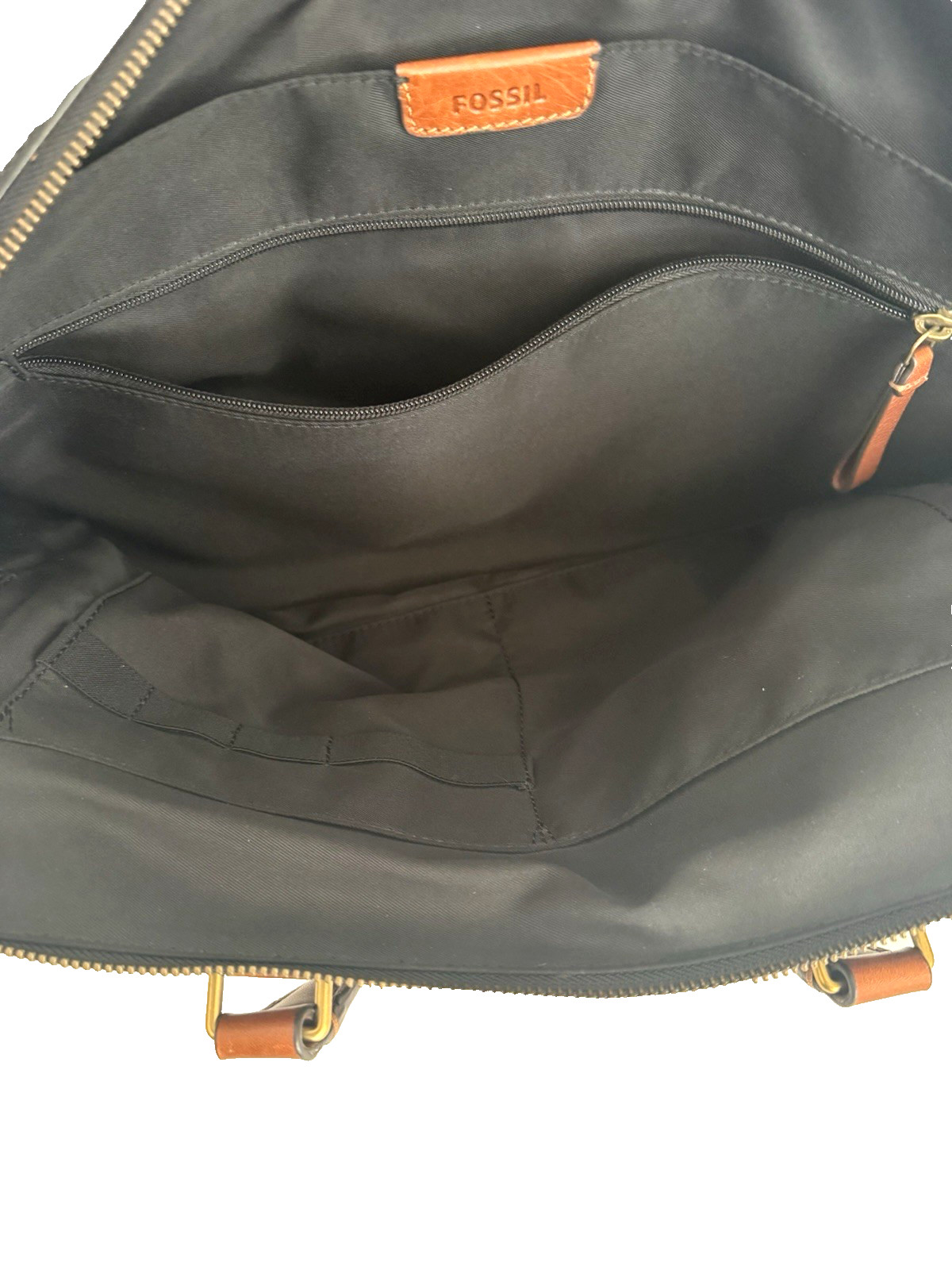 Fossil Defender Briefcase Black Leather Top Handles Crossbody Strap Double Zip
