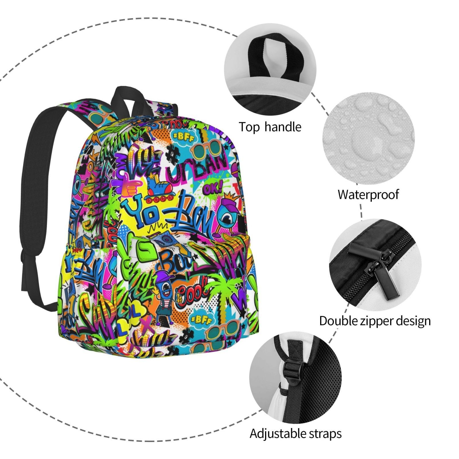 Black Blue Graffiti School Backpack Bookbag for Teens Boys Girls Daily Use