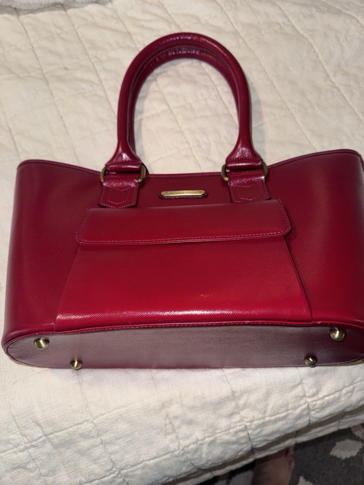 Burberry Red Saffiano Leather Tote Bag Nova Check Lining Gold Tone Hardware LV