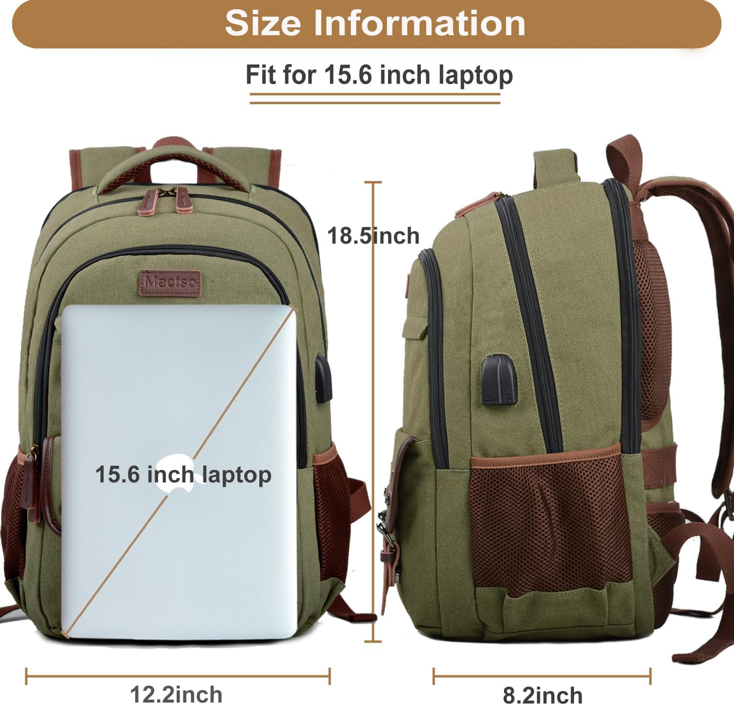 Stylish Canvas Laptop Backpack with USB Port for 15.6″ Laptop – Green