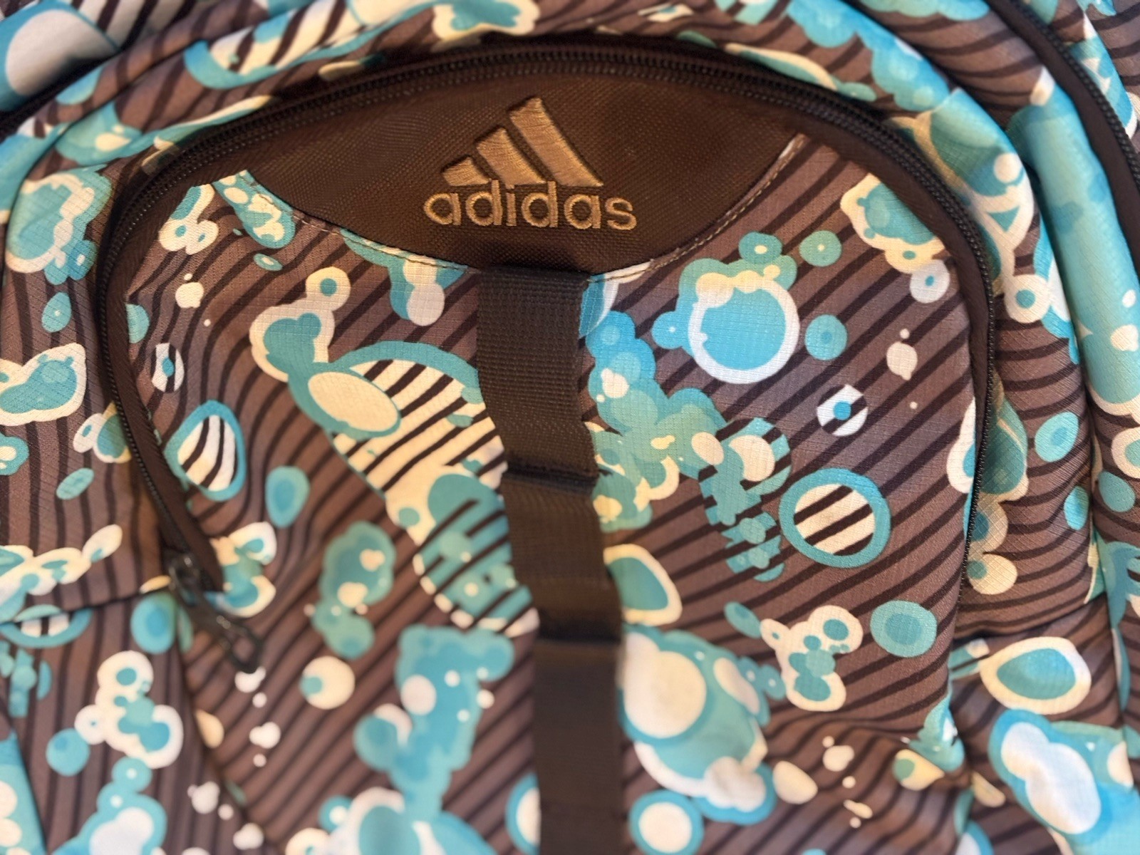 Adidas Backpack Multi-Pocket Load Spring Brown with Turquoise Blue White Bubbles