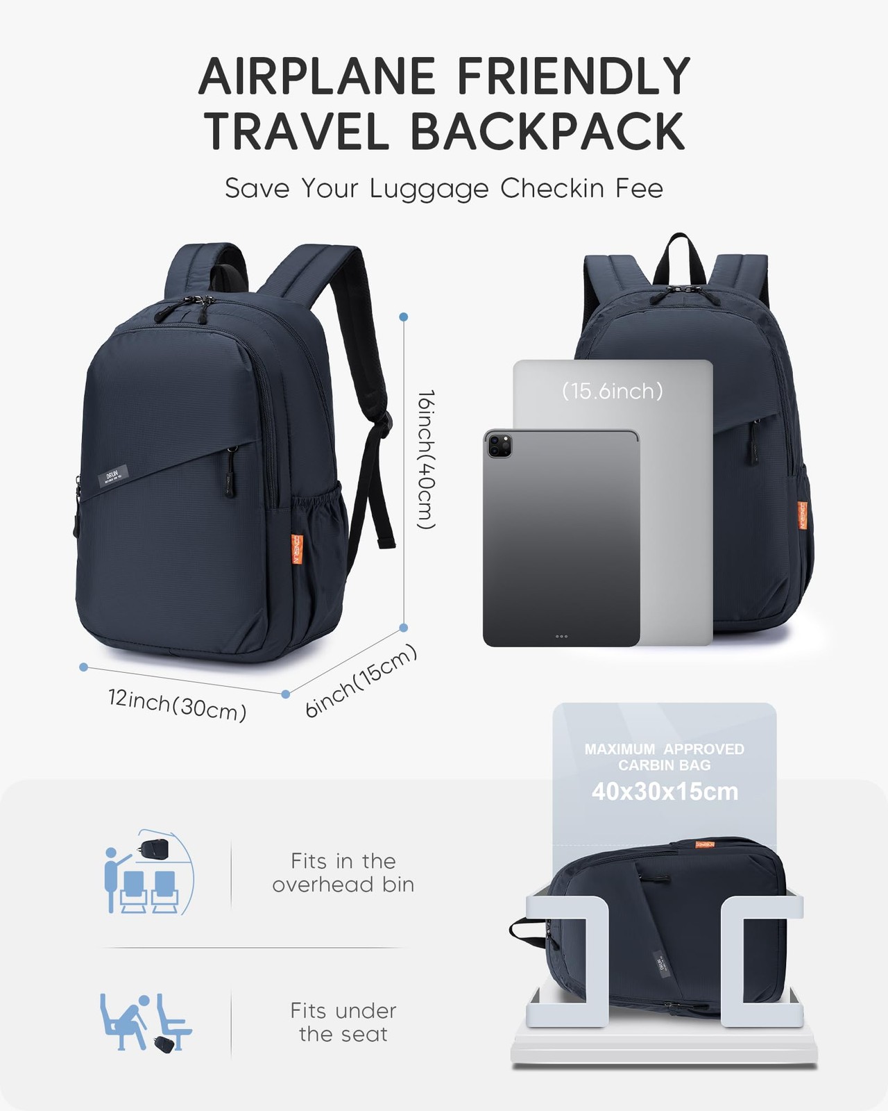 40x30x15cm Personal Item Bag Travel Backpack Carry On Flight Approved with An