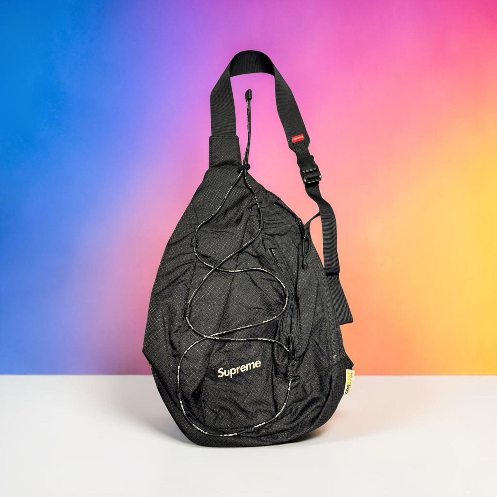 Supreme Sling Bag Black SS22, Adjustable Crossbody Sling Bag, Zippered Pockets.