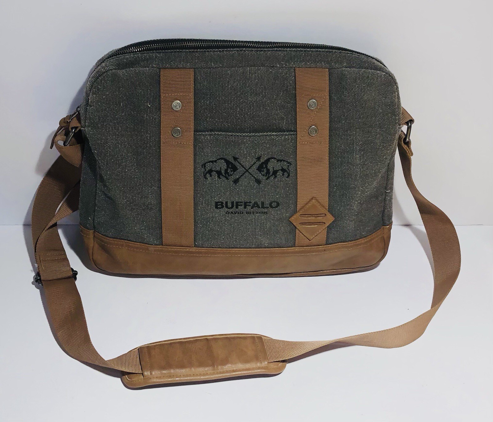 Buffalo David Bitton Messenger Laptop Tote Bag Canvas Leather Gray & Brown