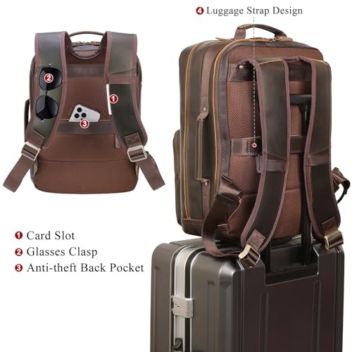 17.3″ Full Grain Leather Laptop Backpack for Men Multi Pockets Dark Brown