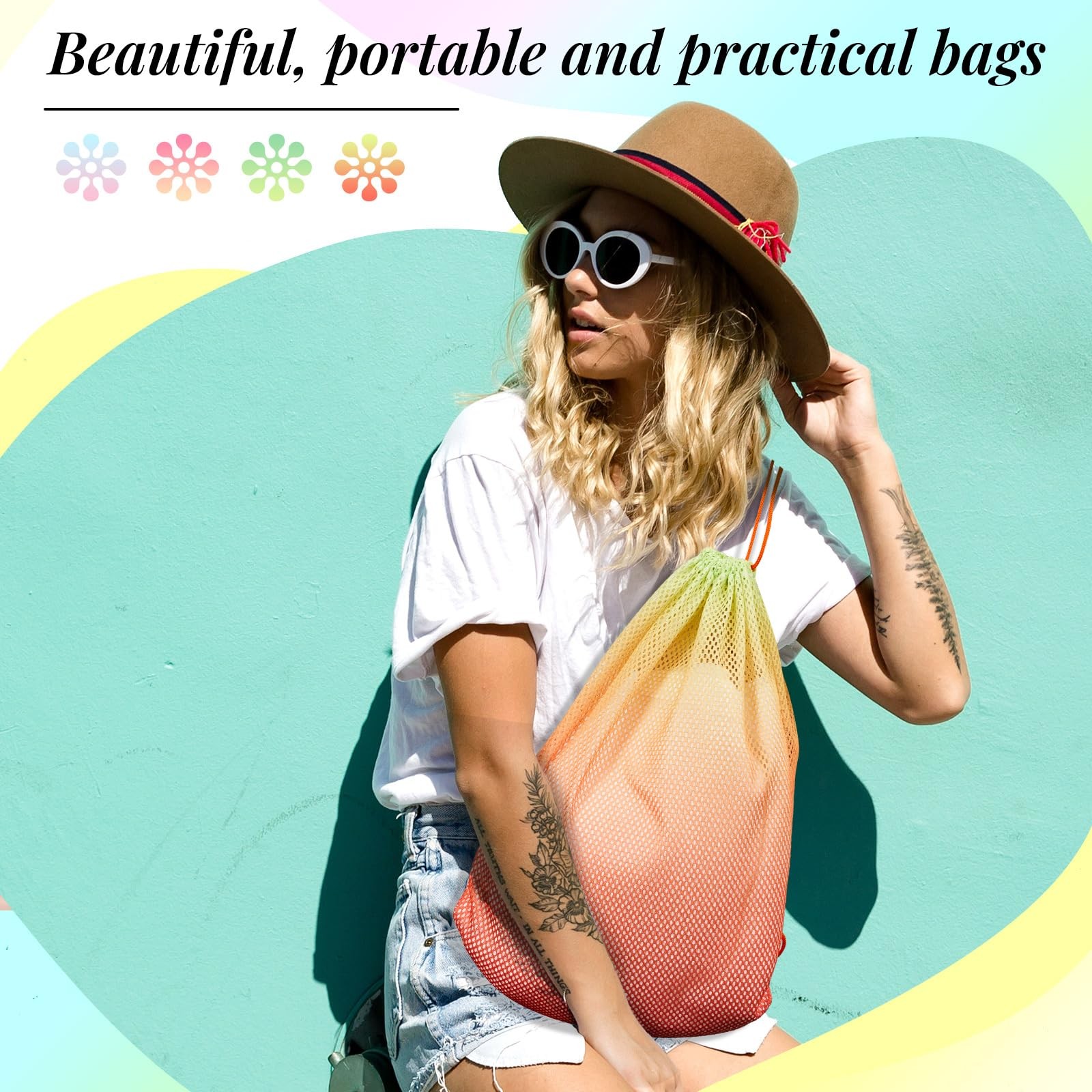 Mesh Drawstring Backpack 4 Pieces Colorful Beach Bag Swimming Gym Gear Sack